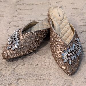 Birdies The Swan Jeweled Gold Sparkle Mules, Crystal Pointed Toe Flats